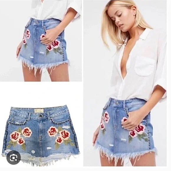 Free People Dresses & Skirts - Free People Wild Rose Denim Skirt Women 24 Floral Embroidered Studded Distressed